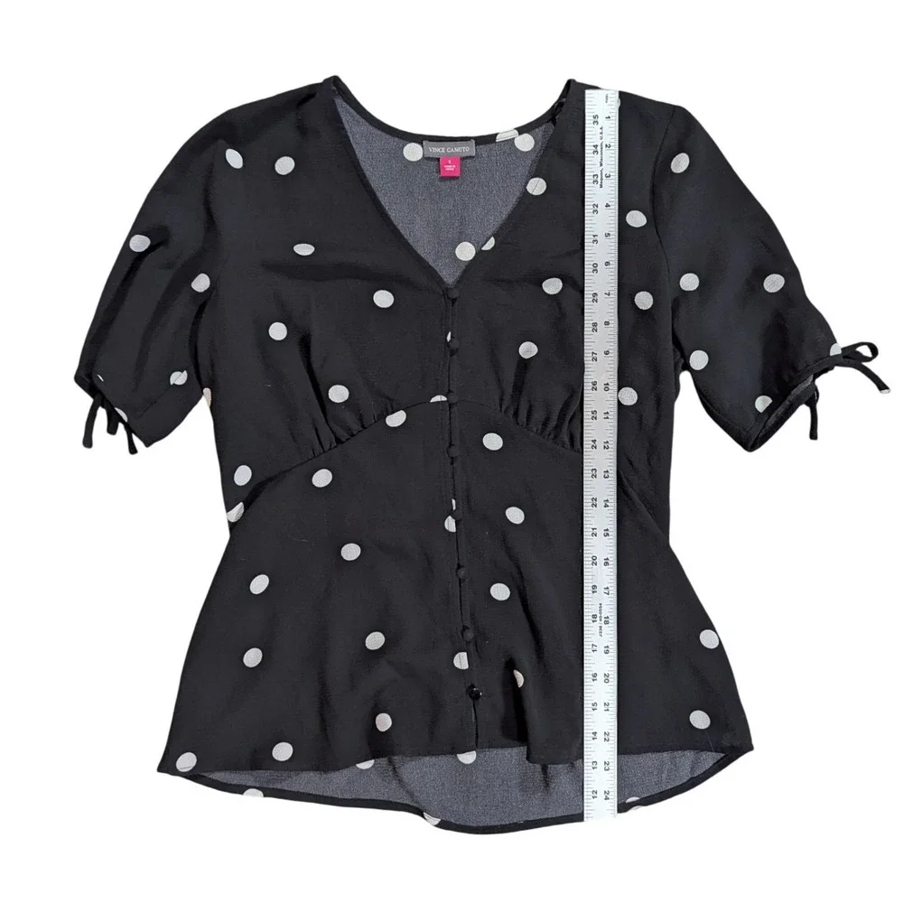 Vince‎ Camuto Blouse Womens S Black White Polka Dot Button Tie Sleeve Peplum
